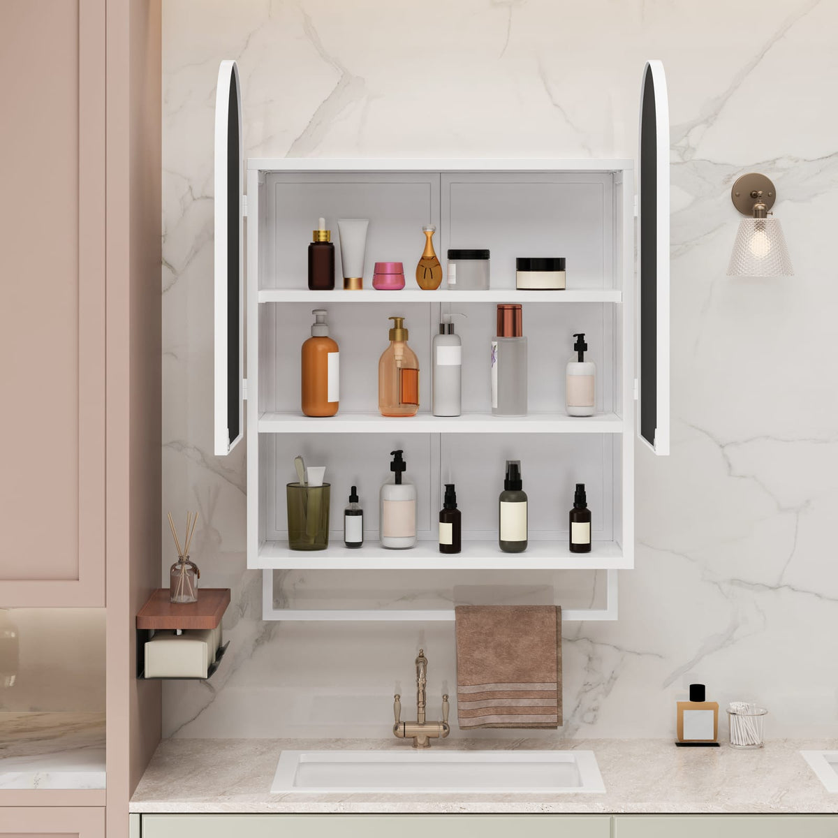 23.6" Modern Double-Arched Mirror Cabinet - White Bathroom Storage