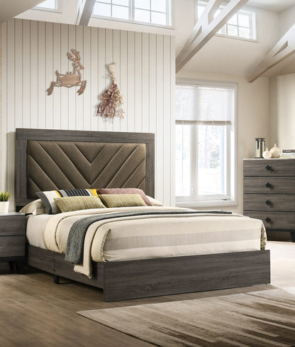 Contemporary Queen Size Bed Frame - Gray Upholstered Headboard