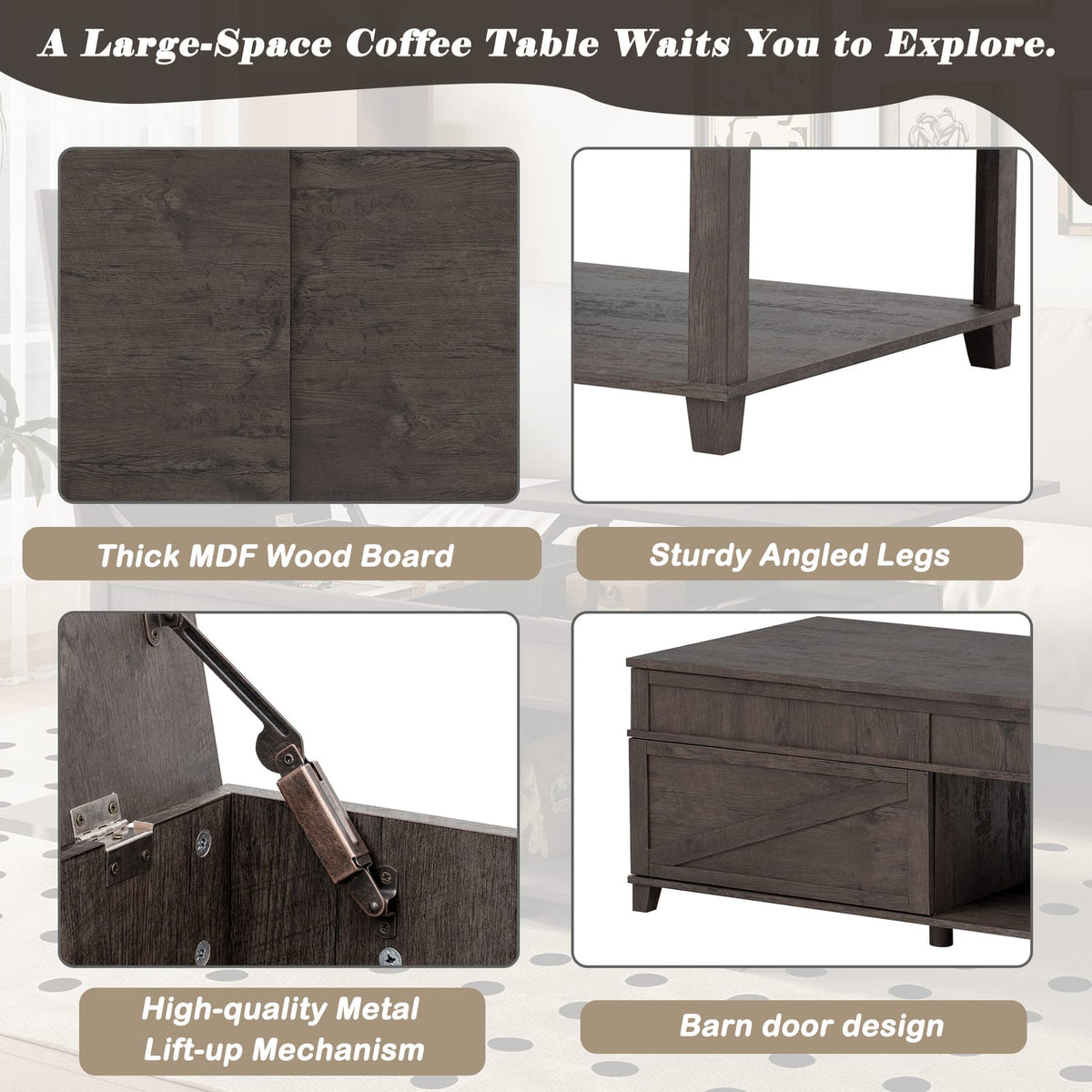Lift-Top Coffee Table with Hidden Storage, Brown for Living Room