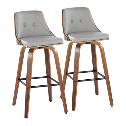 Fixed-Height Barstool Set - Light Grey Faux Leather, Walnut Wood