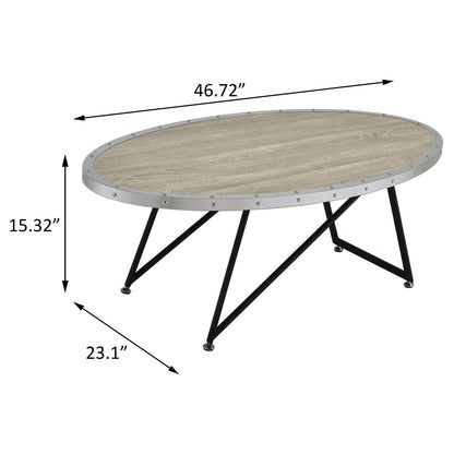 Weathered Grey Oak & Black Oval Coffee Table - Industrial Style