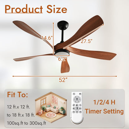 52 Inch Brown Ceiling Fan with Light - Modern Bedroom Fan
