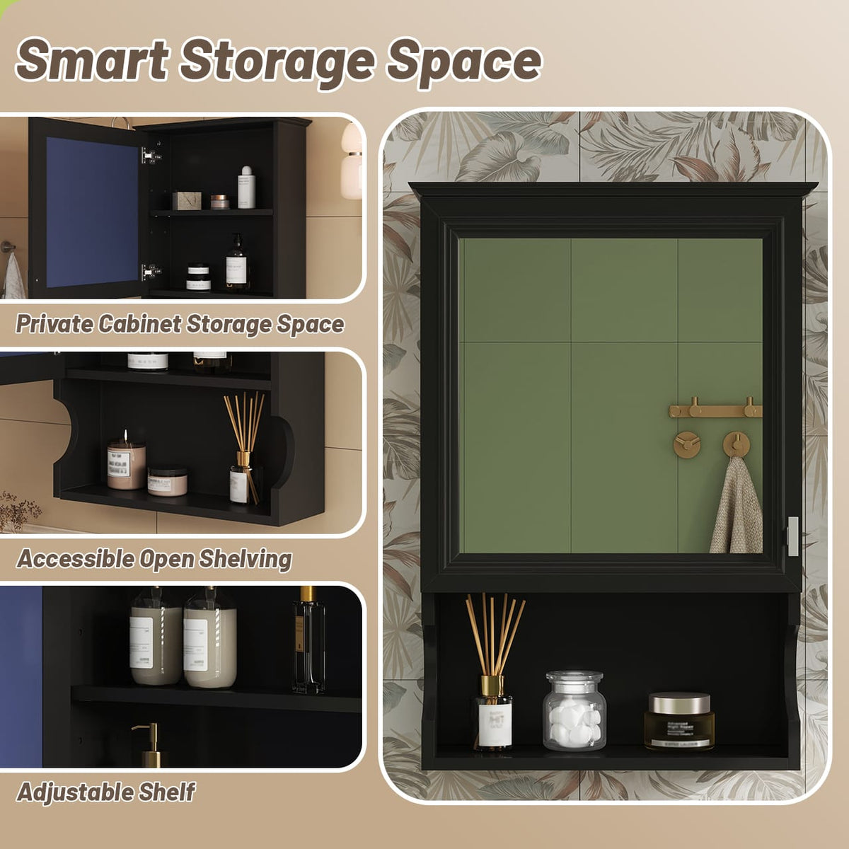 Modern Black Wall Mounted Bathroom Mirror Cabinet with Adjustable Shelves
