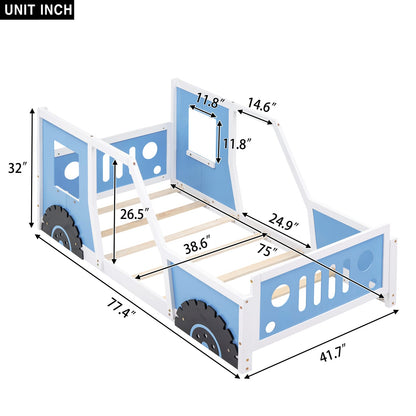 Twin Blue Car Bed Frame with Wheels for Bedroom