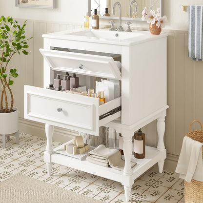 24'' White Ceramic Sink Bathroom Vanity - Retro Storage Cabinet