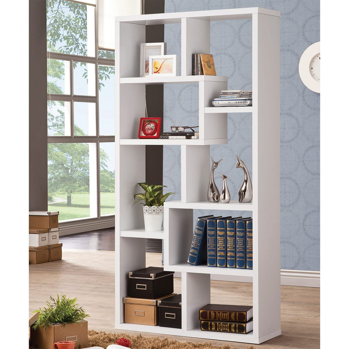 Geometric White Bookcase with 8 Shelves for Modern Living Room Storage