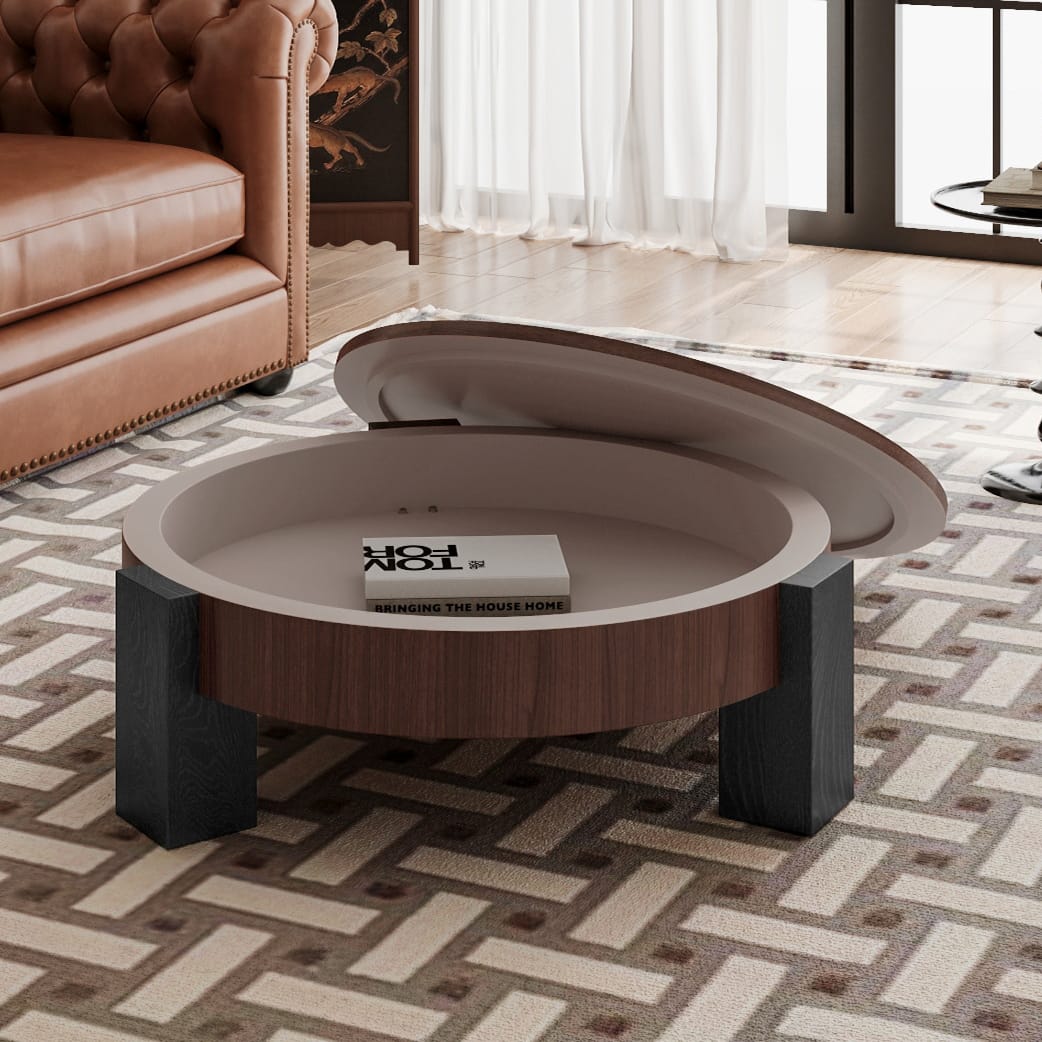 Round Coffee Table with Hidden Storage, Modern Walnut Wood Accent for Living Room