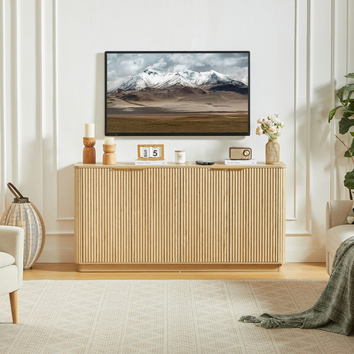 Oak MDF Sideboard for Dining Room Storage, 63"W x 15.75"D
