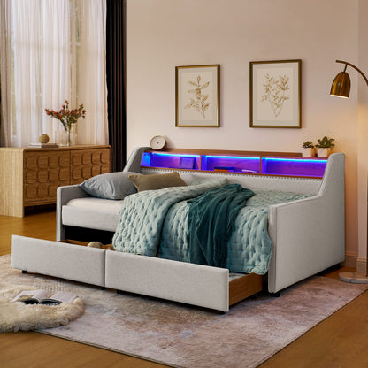 Twin Size Beige Sofa Bed with LED Lights & Storage