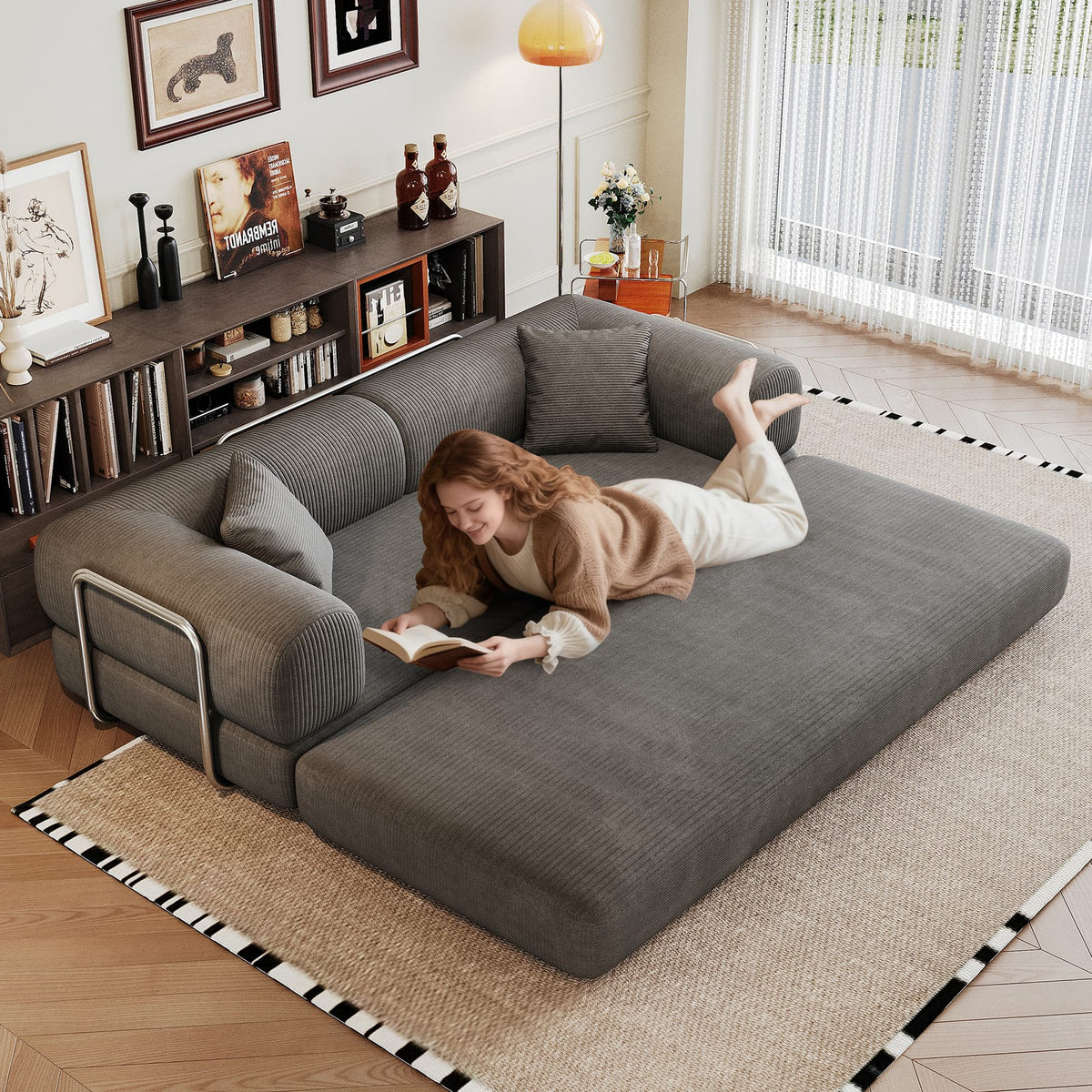 78.8" Grey Corduroy Sofa Bed Convertible Sleeper Futon, No Assembly Needed