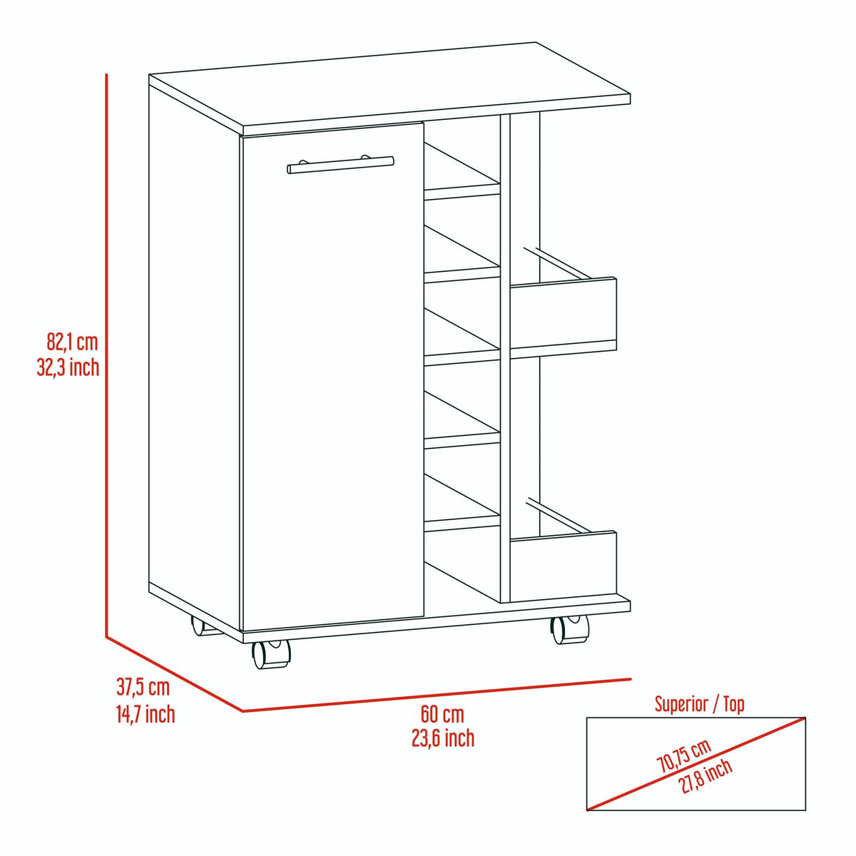 Black Bar Cart with Wine Rack - Storage Cabinet