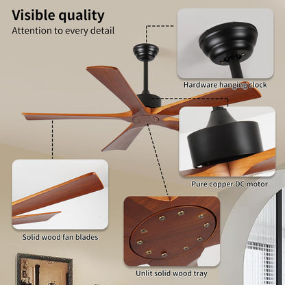 52 Inch Wood Ceiling Fan - Quiet DC Motor for Bedrooms & Porches