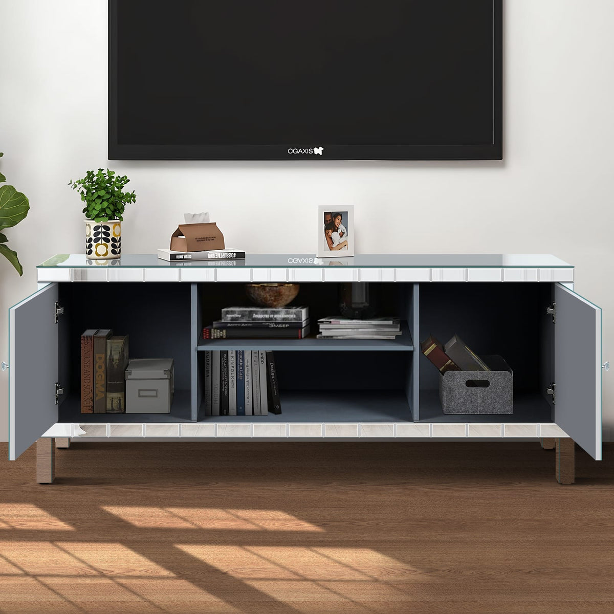 65 Inch TV Stand with Storage - Silver Antique Style