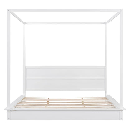 King Size Wood LED Canopy Bed - White Platform Bed No Box Spring