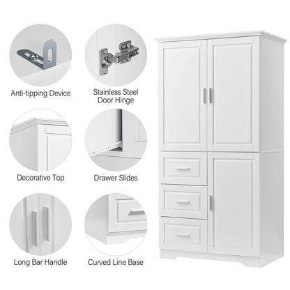 Tall White MDF Bathroom Storage Cabinet with 3 Drawers - Max Space