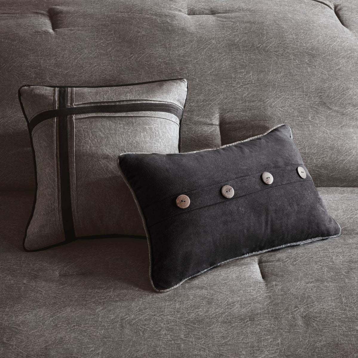Grey Queen Faux Suede Comforter Set - 7 Piece Lodge Cabin Style