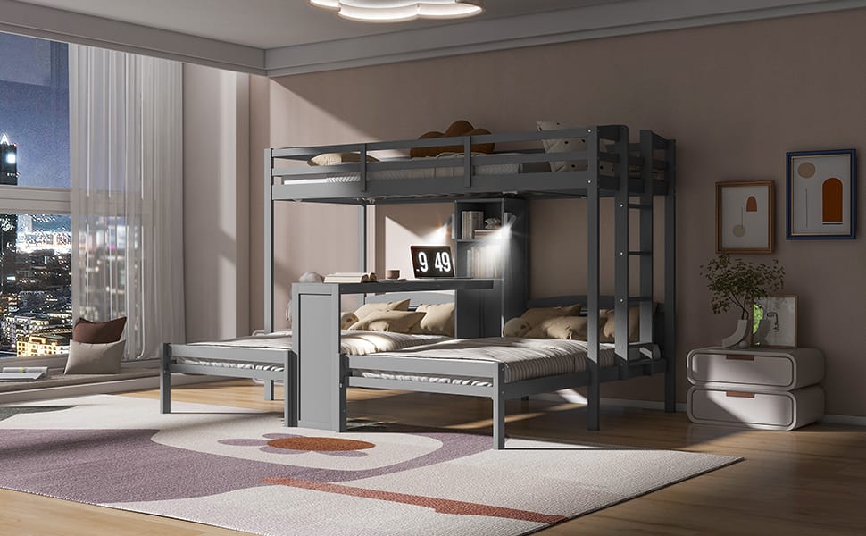 Gray Solid Wood Bunk Bed with Integrated Desk and Storage for Bedroom