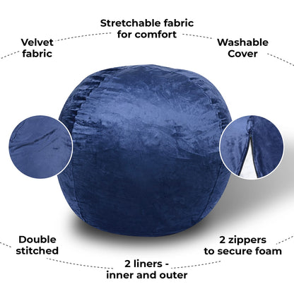 Navy Velvet Bean Bag Chair, 5ft Lounge Seat for Kids or Adults