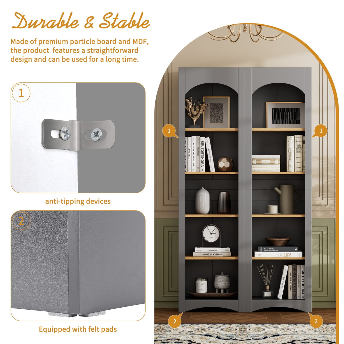 Grey Farmhouse Bookshelf Set of 2 with Adjustable Shelves for Living Room