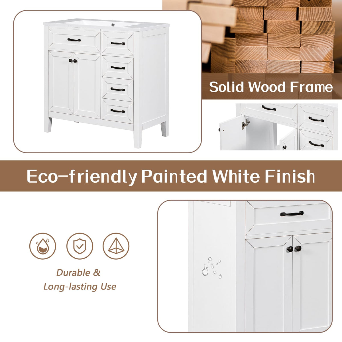 36 Inch White Bathroom Vanity Base - Solid Wood MDF