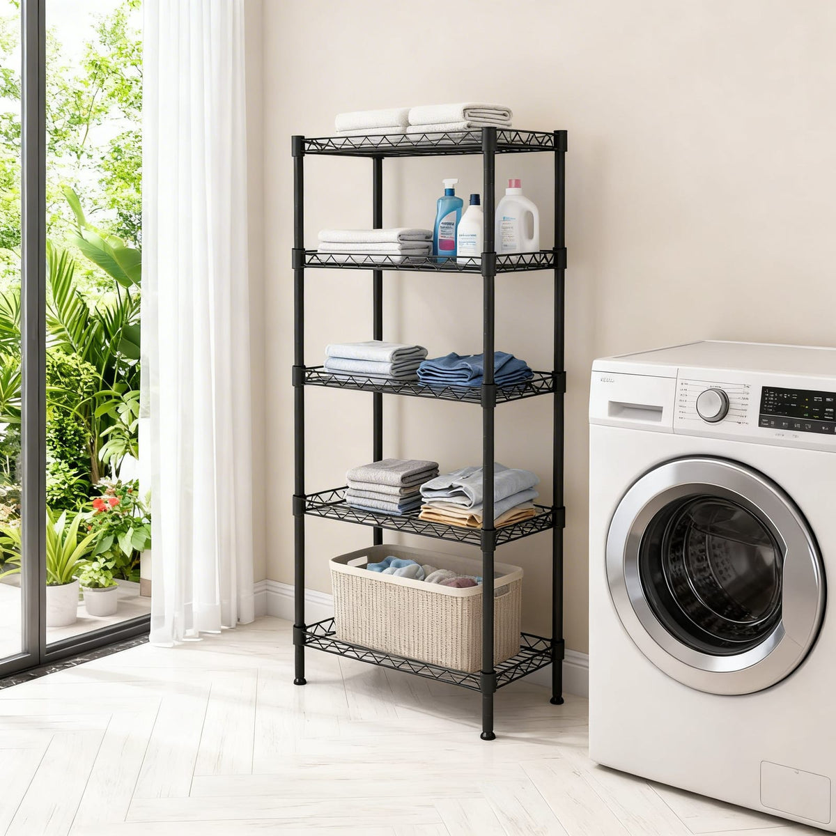 5-Tier Black Wire Shelving Unit - Adjustable Storage Rack for Living Room