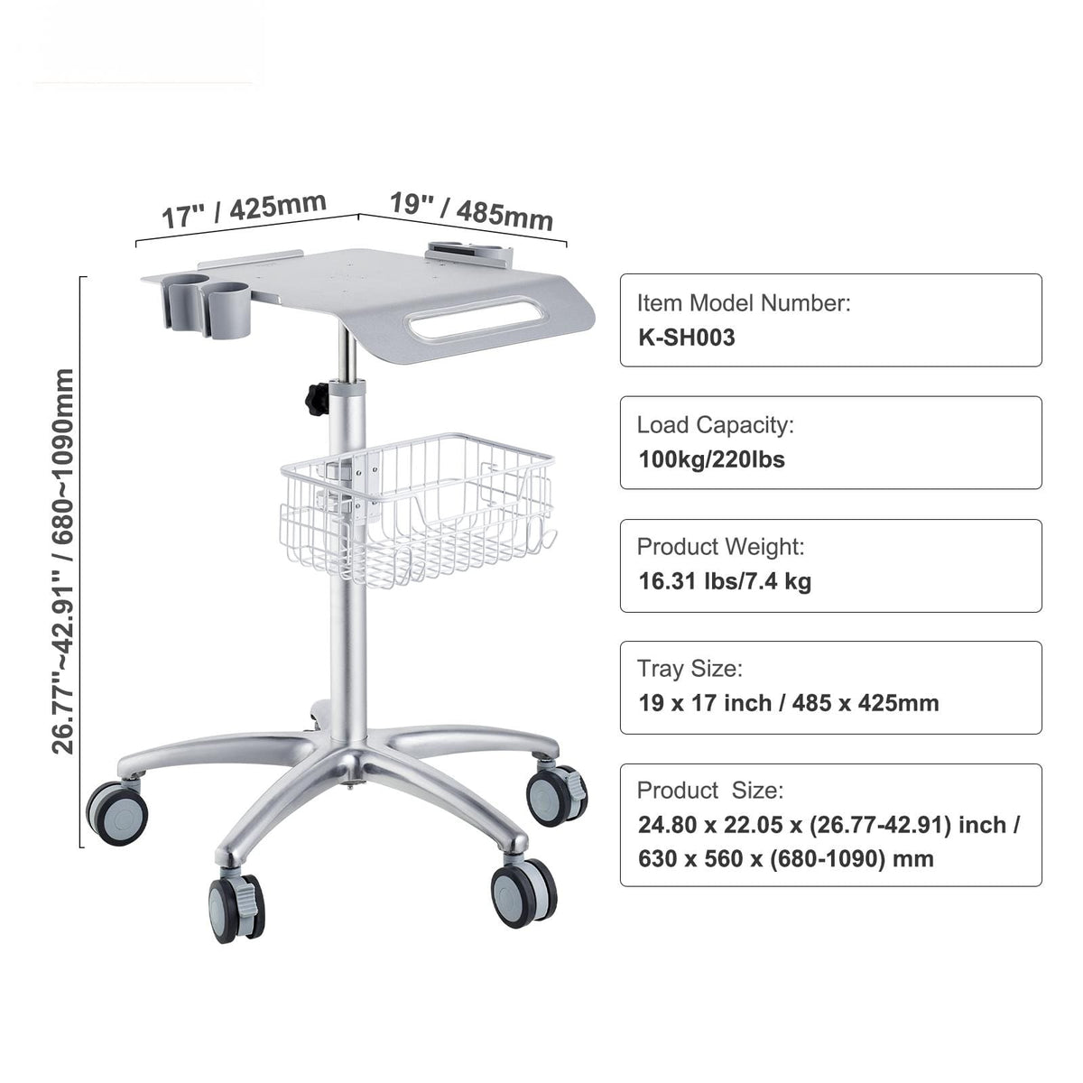 Stainless Steel Medical Cart - Adjustable Height Rolling Utility Cart