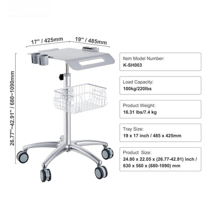 Stainless Steel Medical Cart - Adjustable Height Rolling Utility Cart