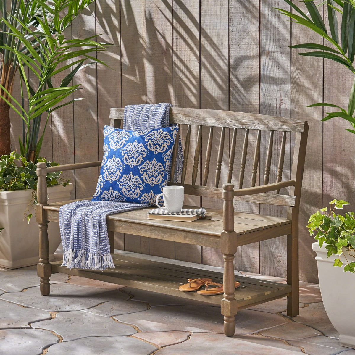 Grey Acacia Wood Farmhouse Bench for Garden Patio Seating