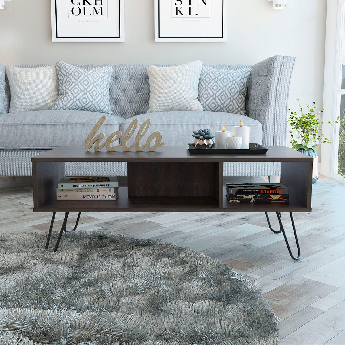 Modern Brown Particle Board Coffee Table with Open Shelf Storage for Living Room