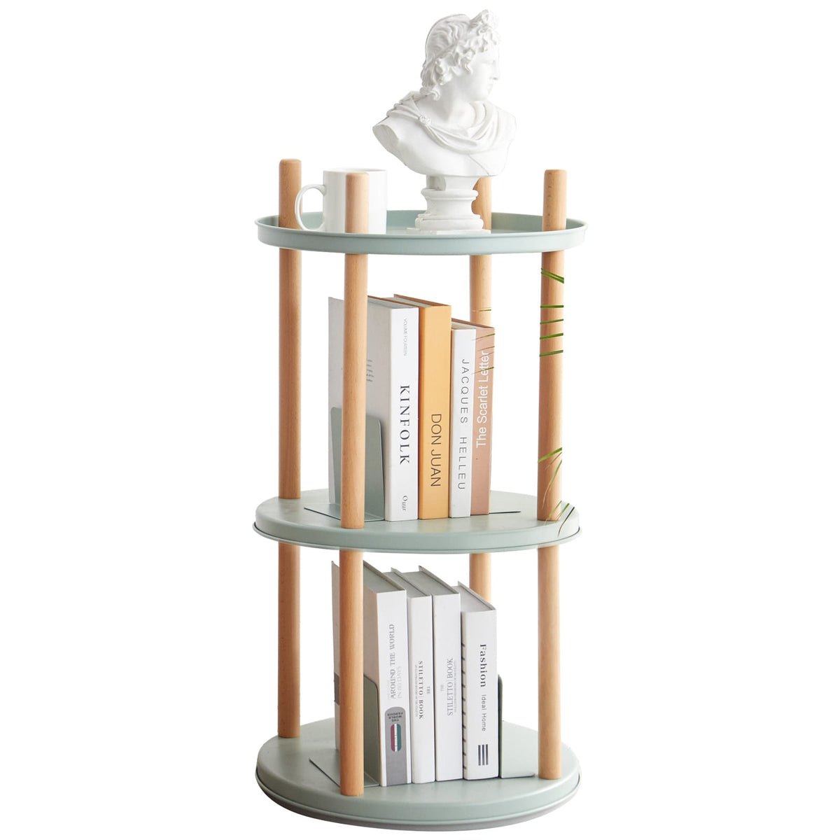 3-Tier Rotating Bookshelf - Blue Beech Wood for Living Room