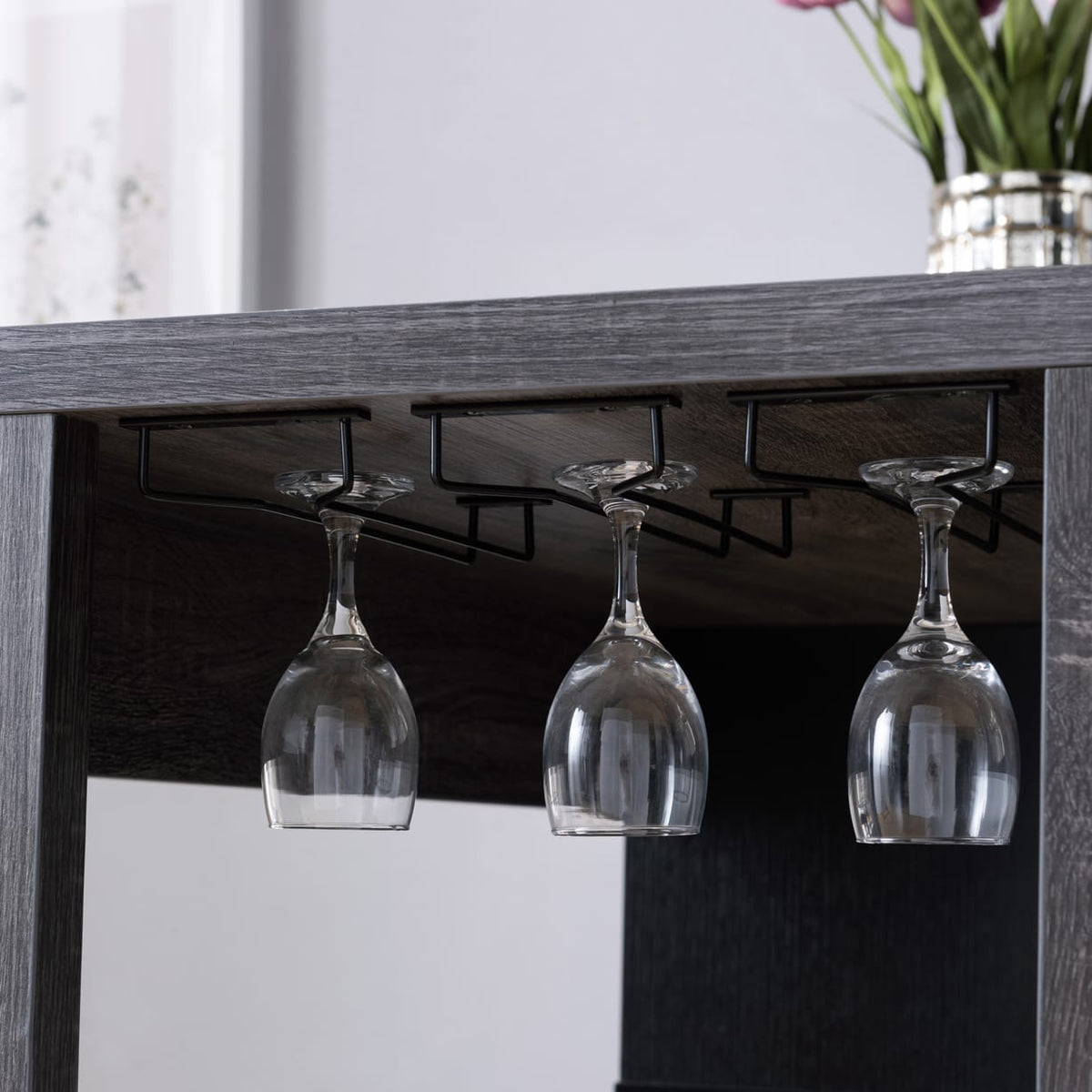 Home Bar Table - Grey Particle Board, 3 Shelves, Wine Glass Storage