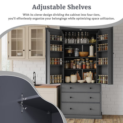 TOPMAX 77" Farmhouse Kitchen Pantry - Gray MDF Storage Cabinet