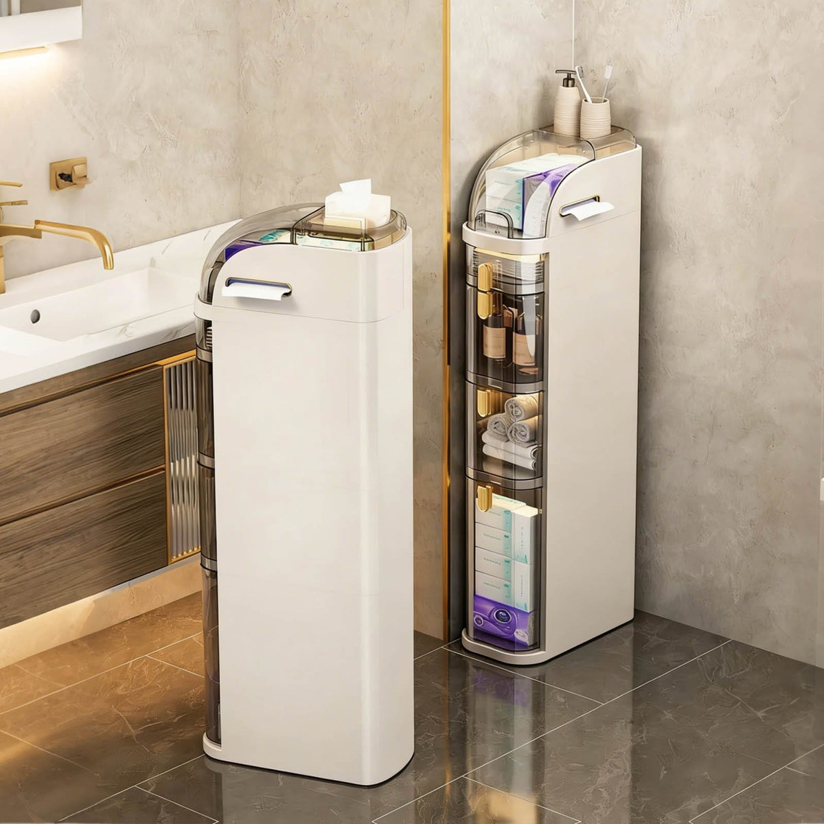 5-Tier White Bathroom Storage Cabinet - Narrow Mobile Shelf