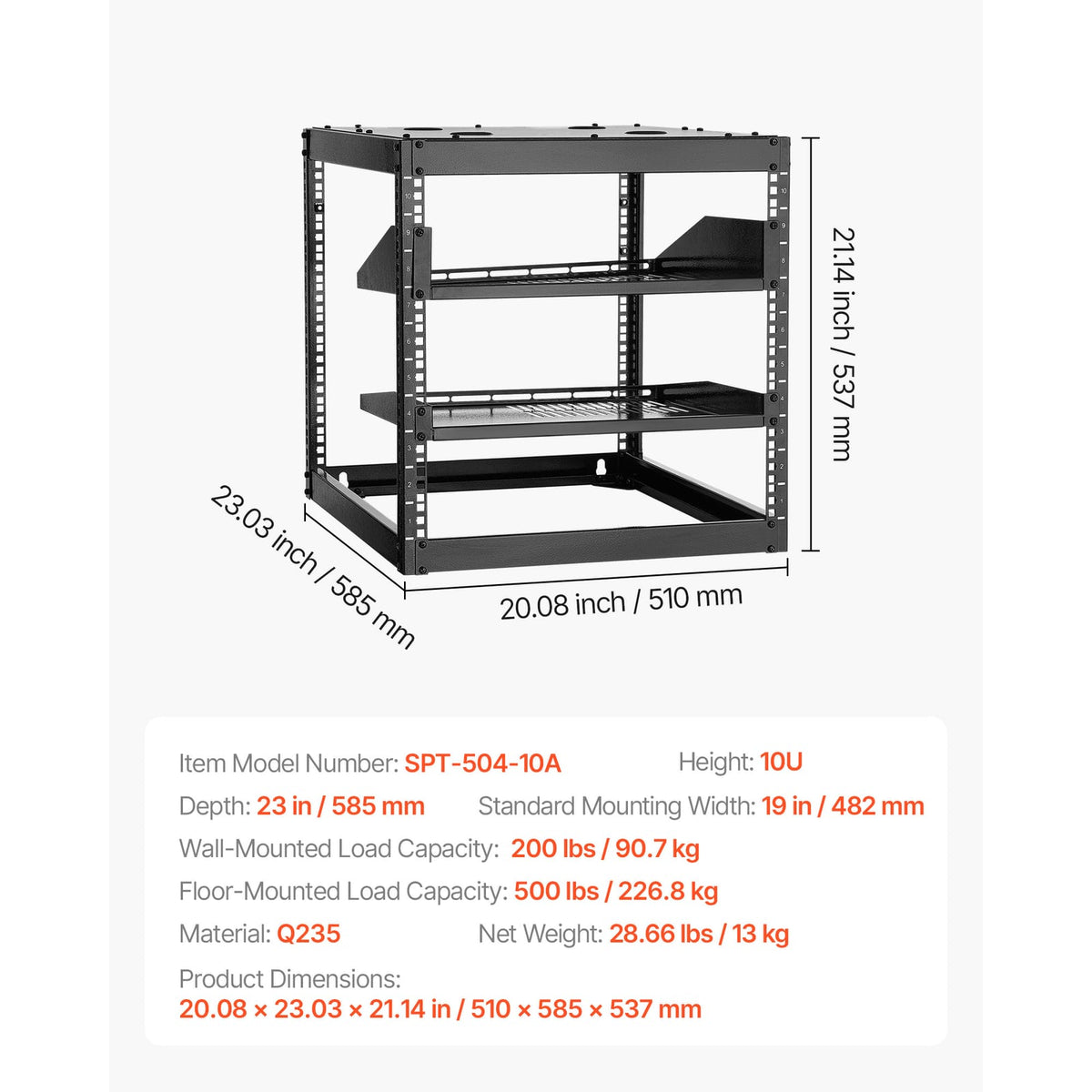 10U Open Frame Network Rack - Black, 23.23" Depth, Wall/Floor Standing Server Storage