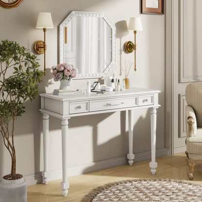 White Makeup Desk with Mirror - 3 Drawers, Storage Console Table for Bedroom