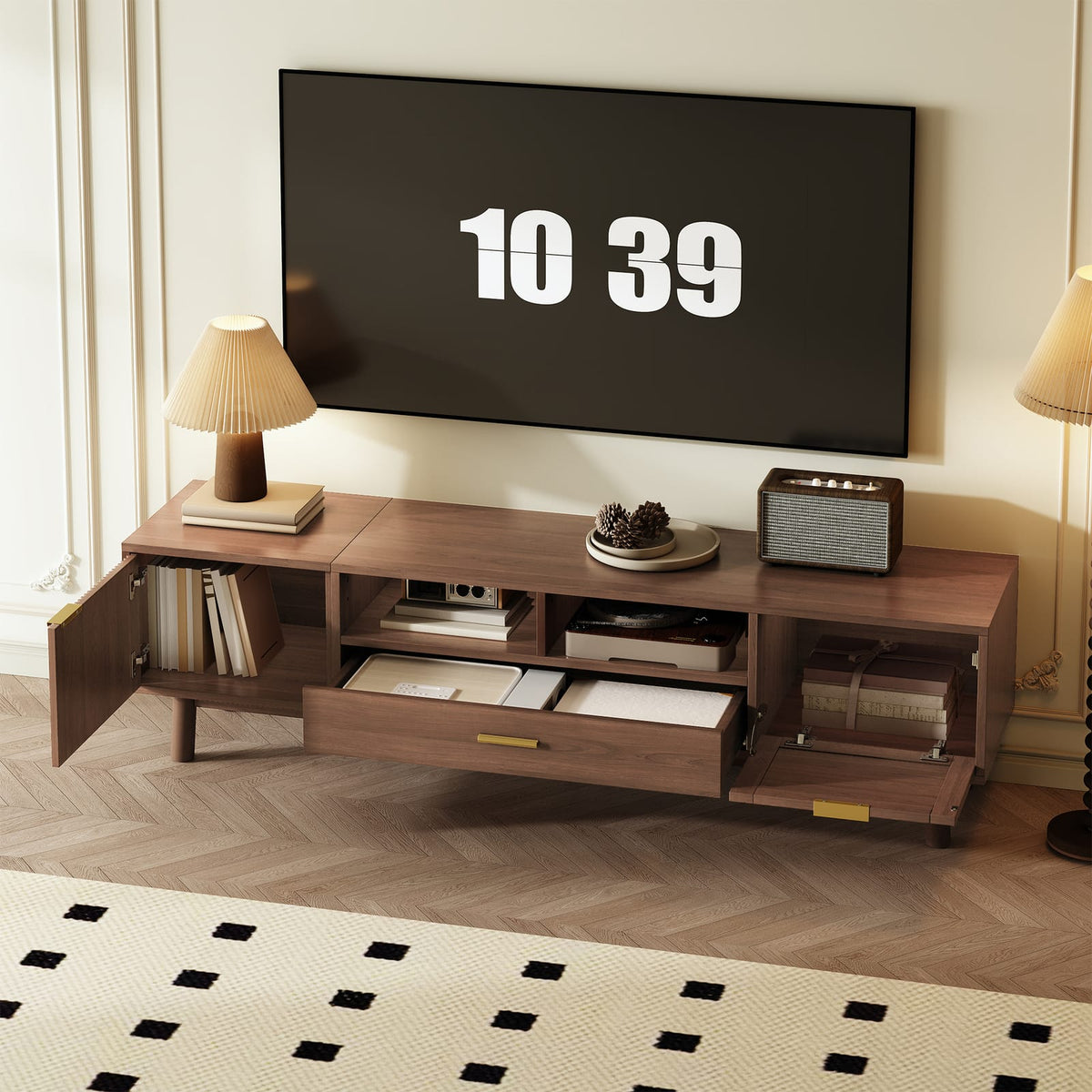 Dark Brown TV Stand with Storage - 75" TVs, Pine Wood