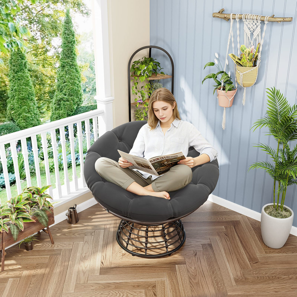 Grey Ergonomic Wicker Papasan Chair - 360° Swivel Indoor Outdoor Rattan Seat