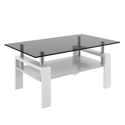Rectangle Coffee Table - Gray Tempered Glass, Modern Storage Table