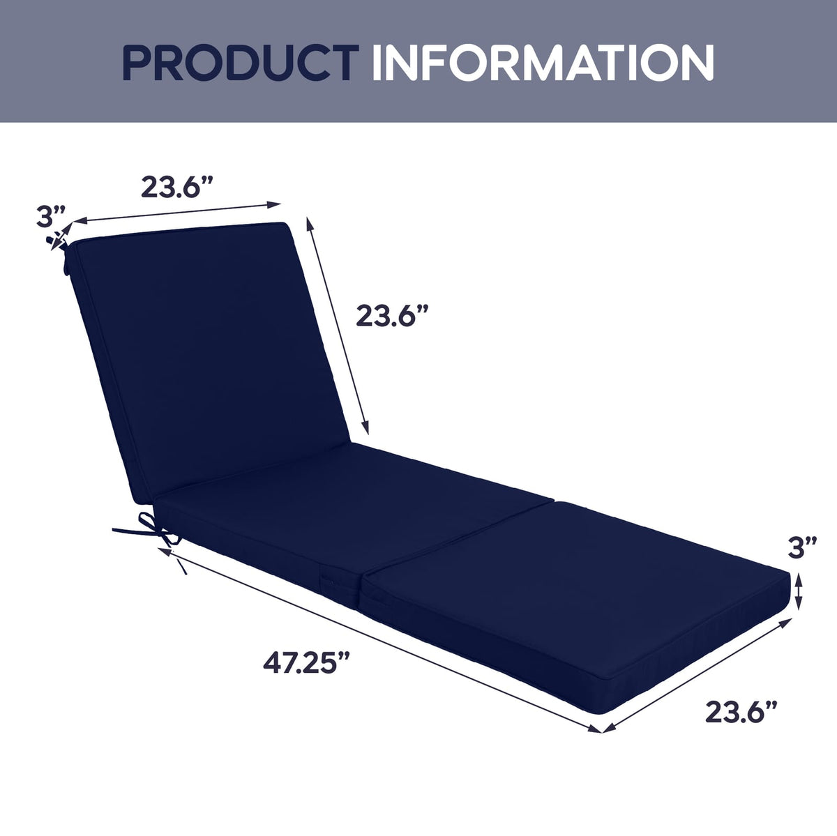 Navy Blue Outdoor Chaise Lounge Cushions - 71" Tri-Fold Replacement