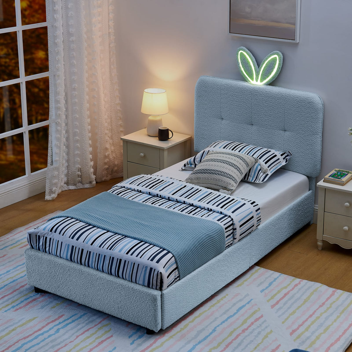 Twin Kids Bed with Storage Drawers - Navy Boucle Fabric