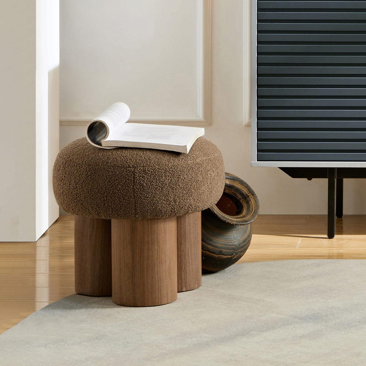 W8017-1 Mushroom Stool - Brown Lamb Wool Seat Ottoman