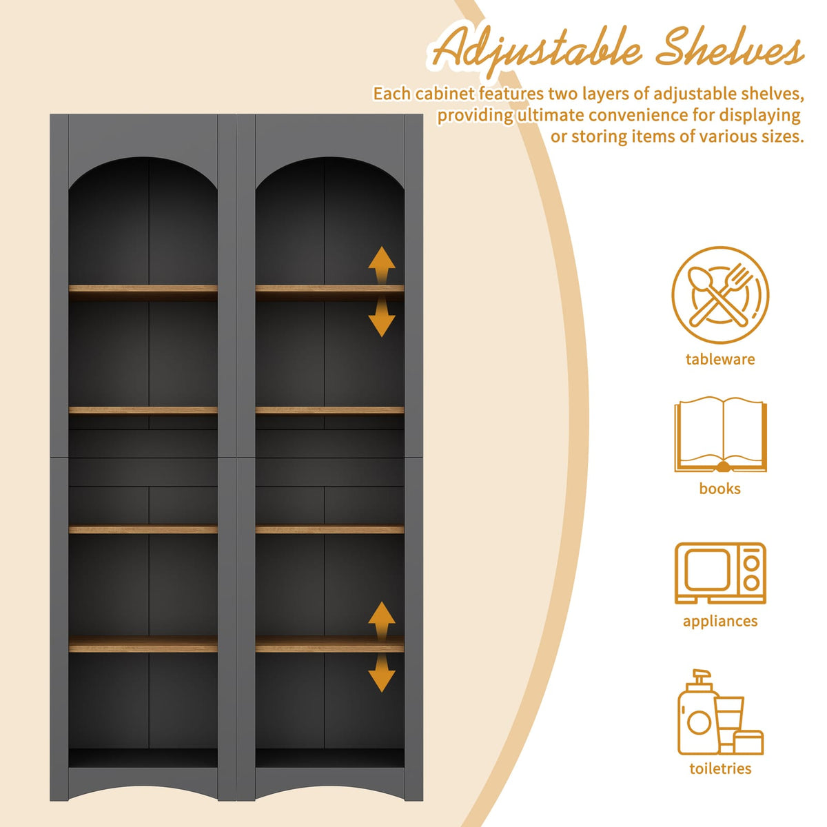 Grey Farmhouse Bookshelf Set of 2 with Adjustable Shelves for Living Room
