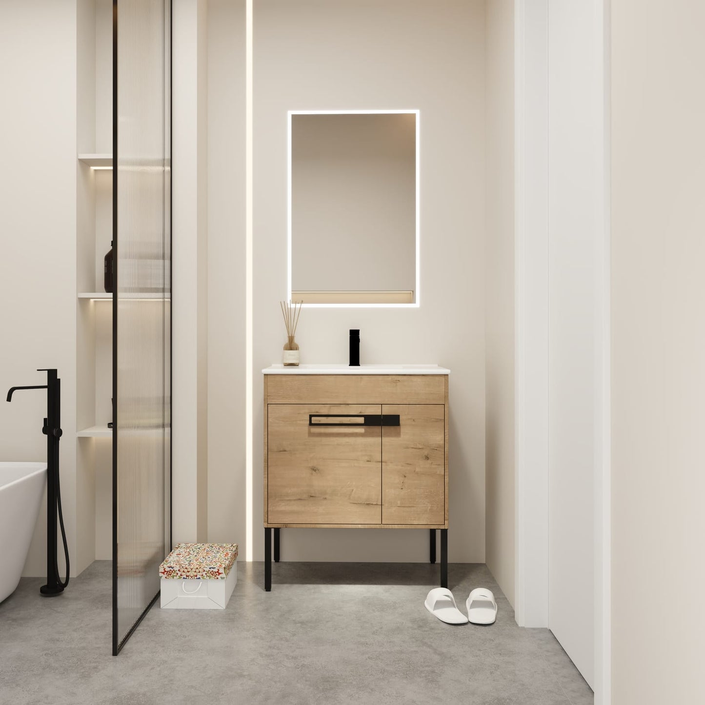 2-Door Imitative Oak Bathroom Vanity - Freestanding Storage