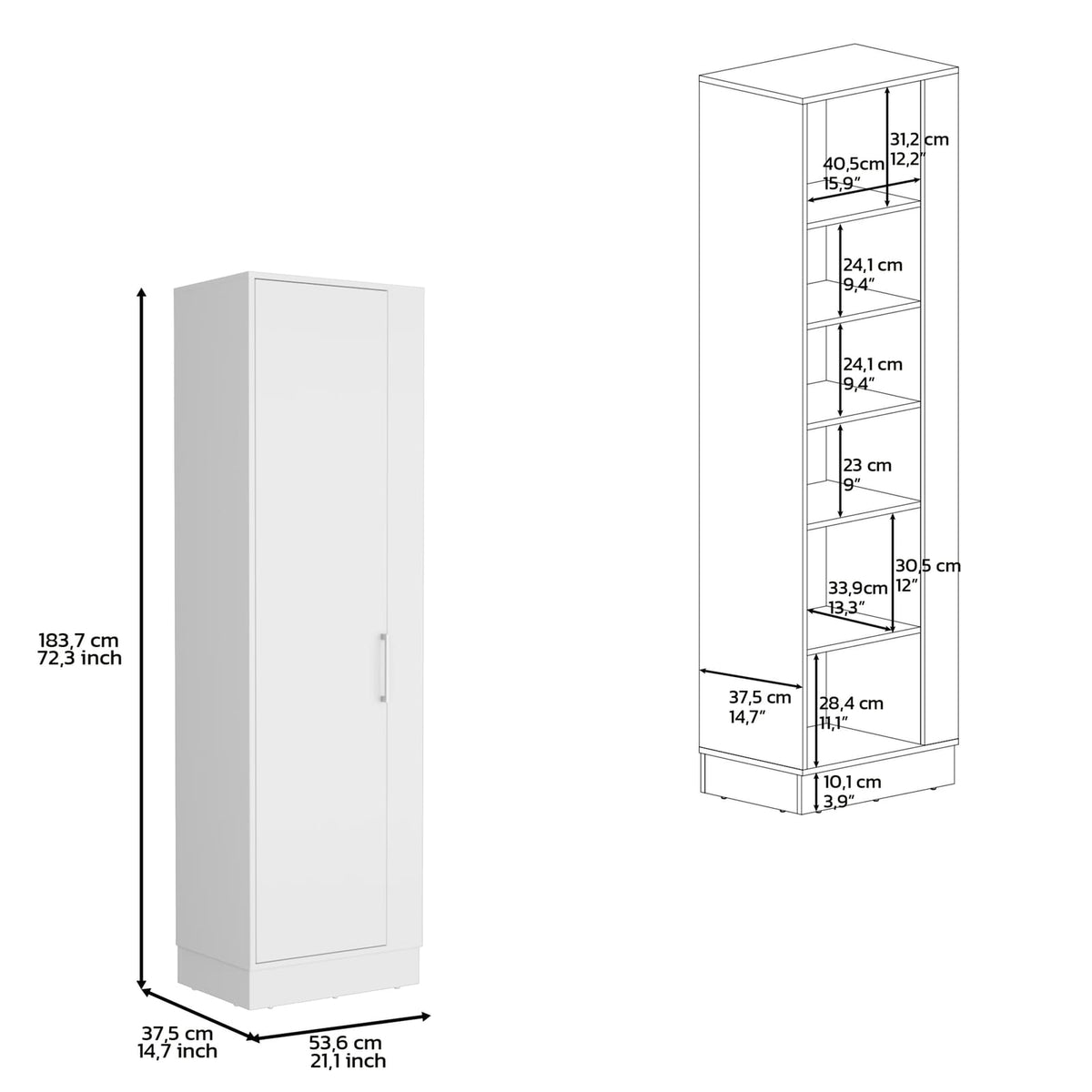 Storage Cabinet 72"H - White | Six Shelves, Broom Hangers