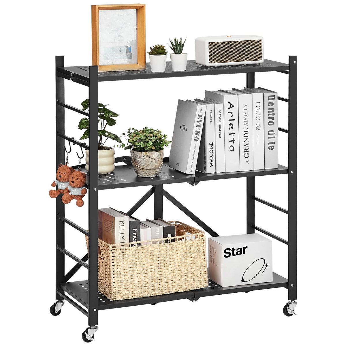 3-Tier Foldable Storage Shelf with Wheels - Black Steel for Living Room