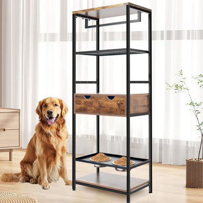 Dog Feeding Station - 3 Adjustable Bowls, Storage Shelves & Drawers
