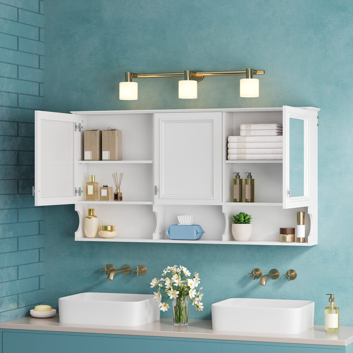 White Bathroom Storage Cabinet Mirror - 55 Inch Wall Mounted Medicine Cabinet