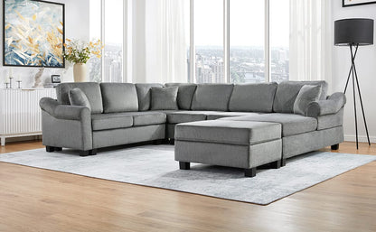Dark Gray Chenille 6 Seat Sectional Sofa with Storage Ottoman
