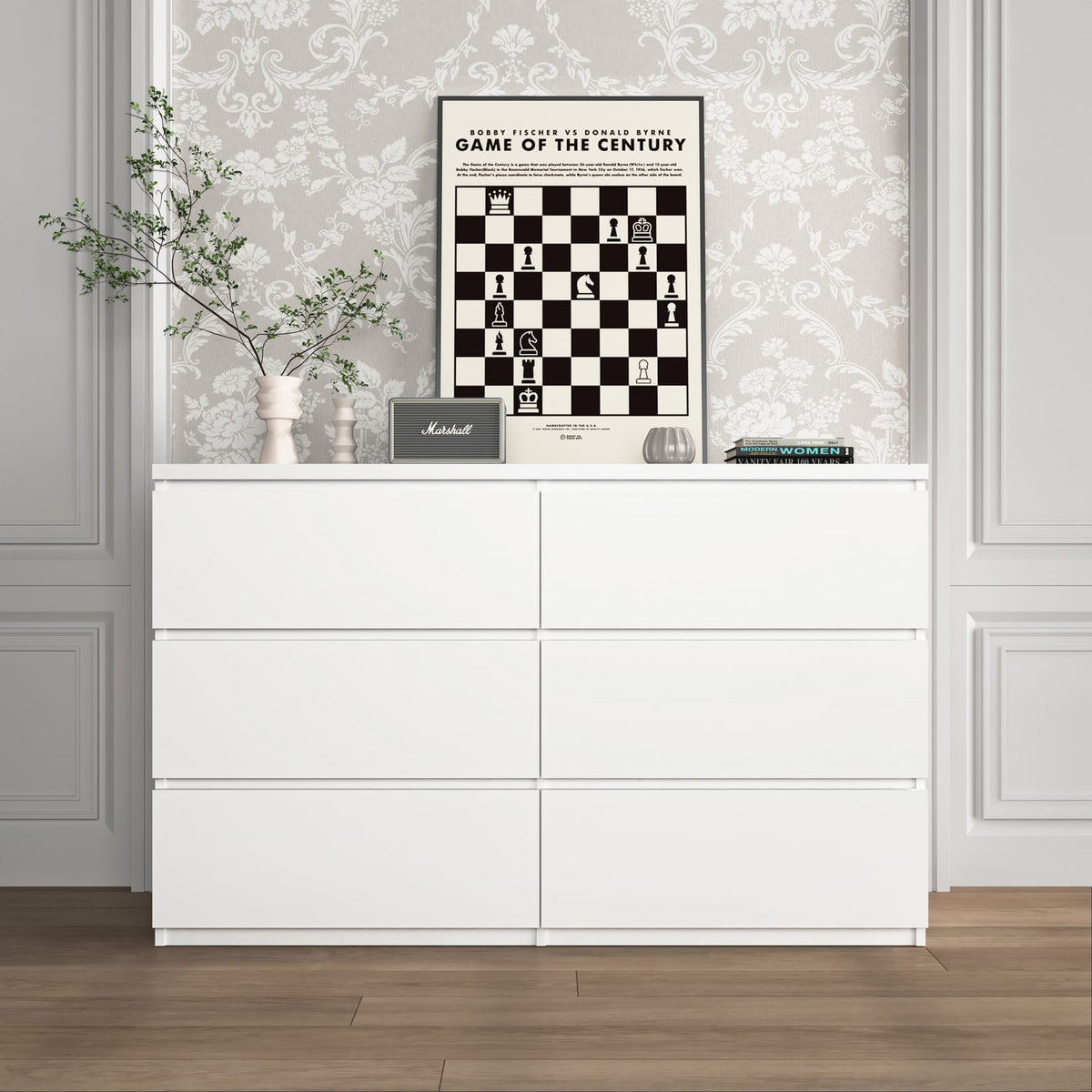 White 6 Drawer Particle Board Dresser for Bedroom Storage