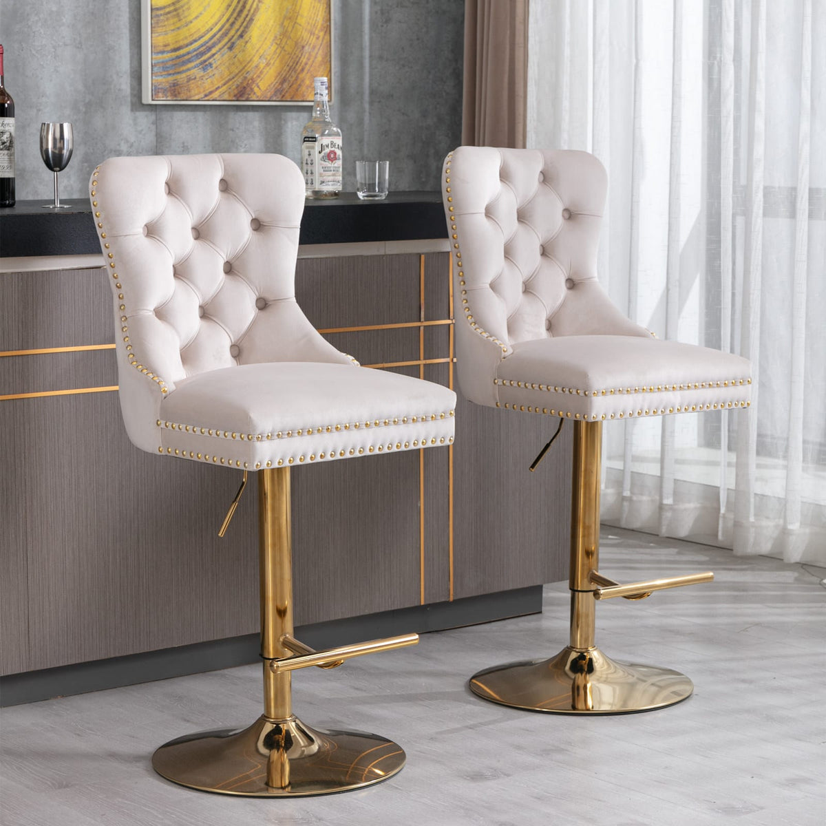 A&A Furniture Velvet Barstools - Beige Set of 2